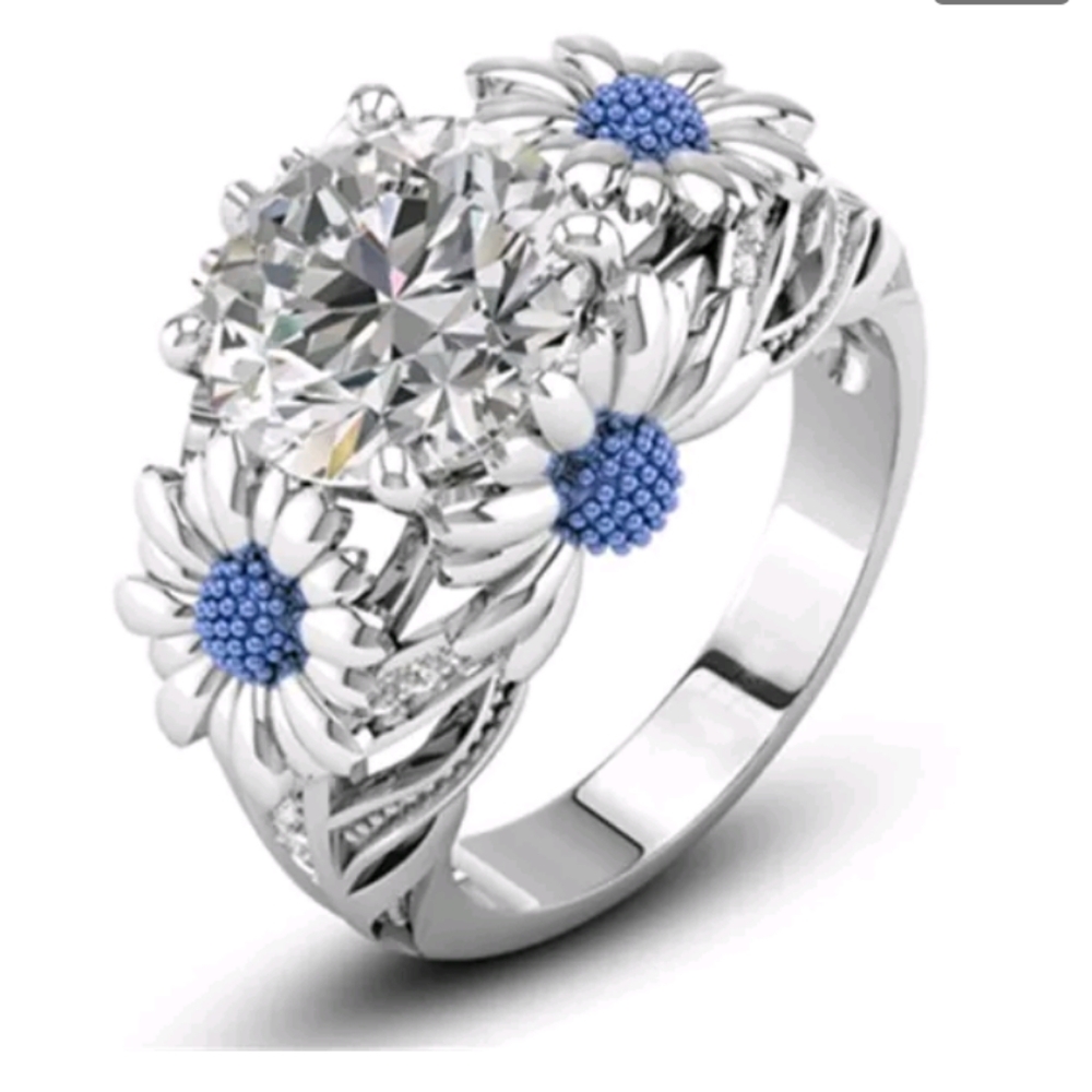 New Blue and silver flower ring